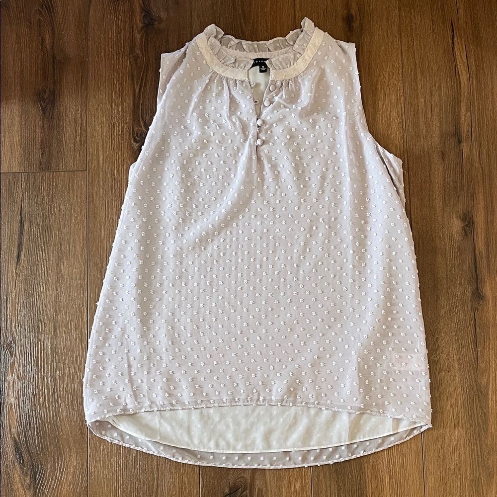 Light Gray Dotted Swiss Ruffle Neck Sleeveless Top